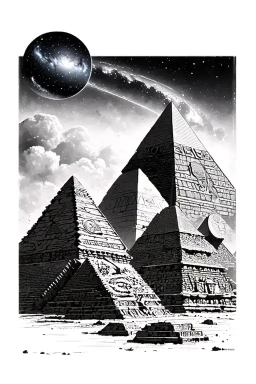 Pyramids of giza with Thoth egyptian god and a galaxy overhead tattoo design idea
