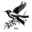 Thin line work with numbers 1882, a swallow bird and some sort of greek mythology tattoo design idea