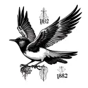 Thin line work with numbers 1882, a swallow bird and some sort of greek mythology tattoo design idea