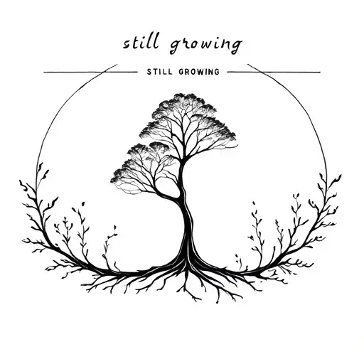 a life tree still growing and with a mention on the top that mention "still growing" tattoo design idea