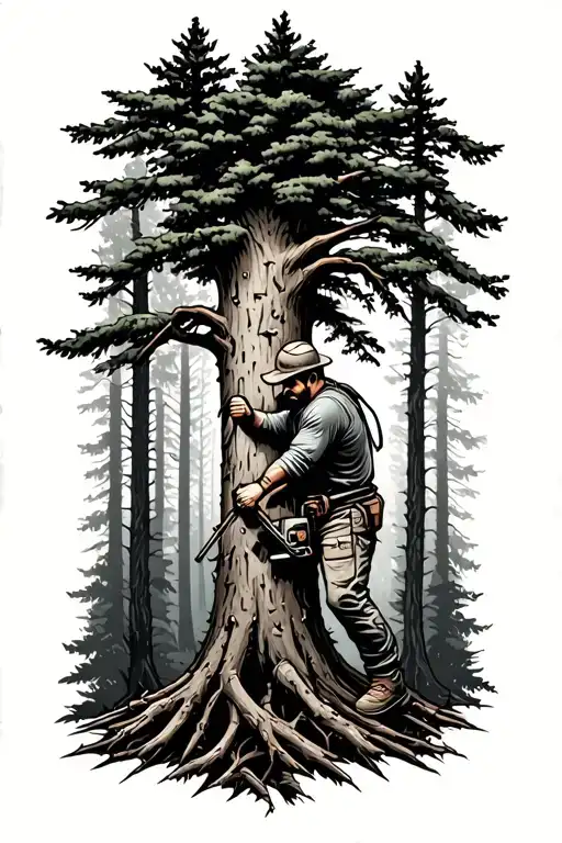 A unique design featuring a tree surgeon cutting down a tree in a stylized black and grey forest setting tattoo design idea