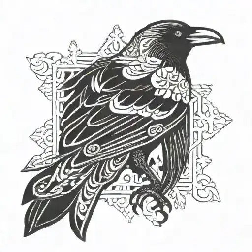 A stylized snowflake pattern incorporating a hidden image of a raven tattoo design idea