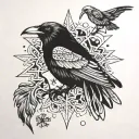 A stylized snowflake pattern incorporating a hidden image of a raven tattoo design idea