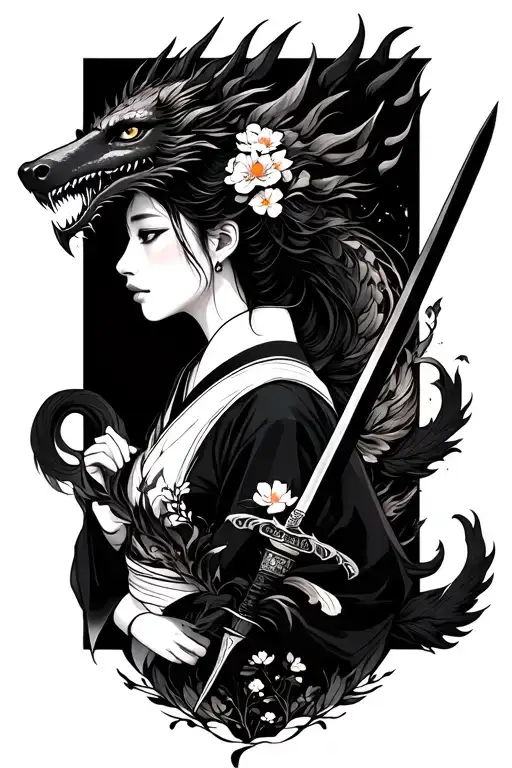 side profile japanese woman holding sword, above her a dragon, under her a kitsune fox spirit with multiple tails,flower tattoo design idea