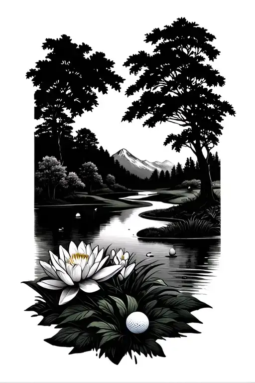 golf course landscape with golf ball mountain flowers trees water lily tattoo design idea
