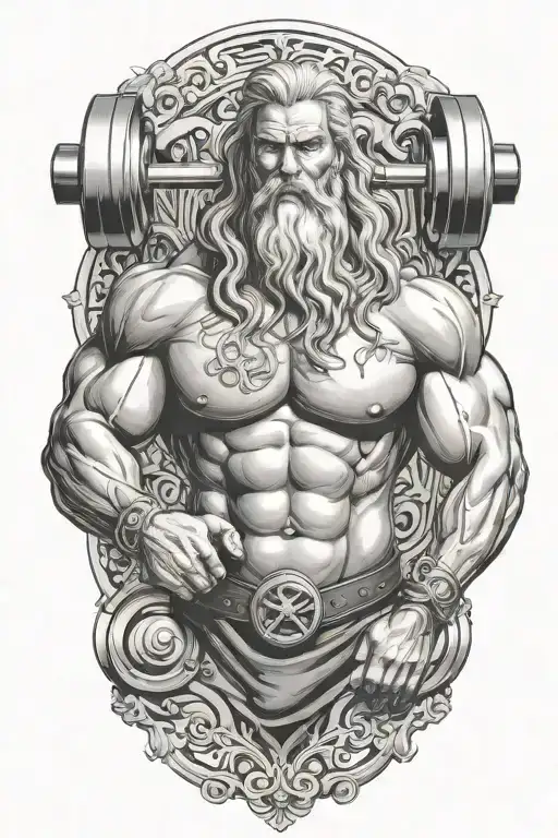 Super muscled Atlas Greek God with long silver hair and beard lifting weights tattoo design idea
