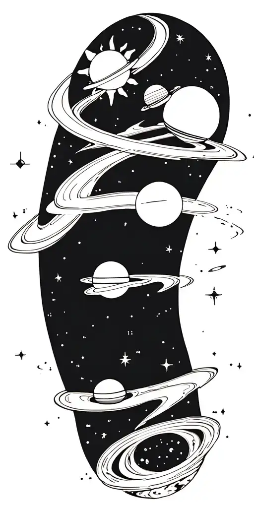Universe with sun on the shoulder, planets with orbits around biceps and triceps tattoo design idea