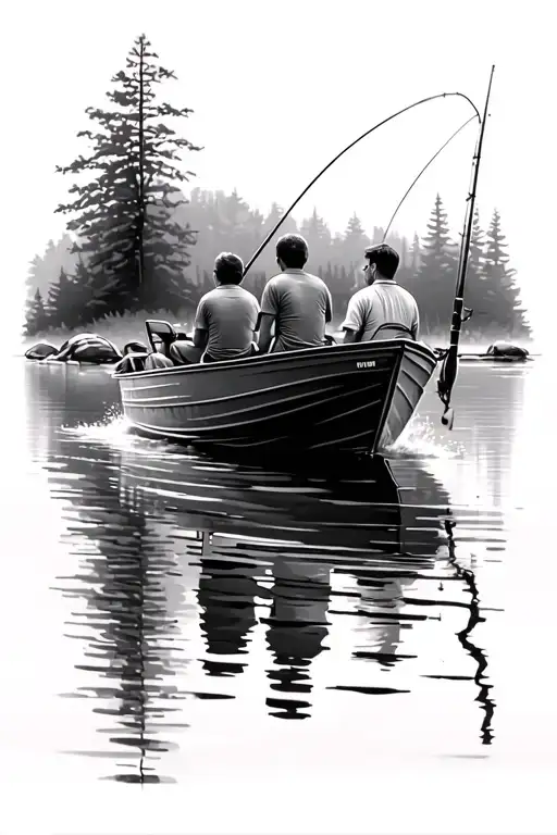 facing away father and 2 sons, sitting in bass boat, fishing in lake scene tattoo design idea