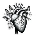 A realistic anatomical heart with vessels and chambers maybe with flowers or butterflies or  tattoo design idea