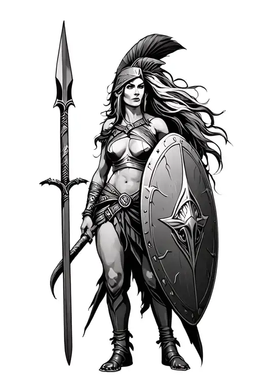 ares as a female spartan with spear and shield adorned tattoo design idea