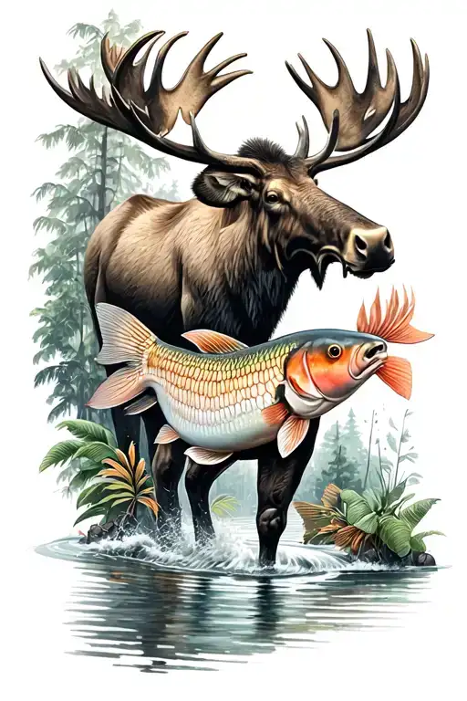 moose, fish and jungle scene tattoo design idea