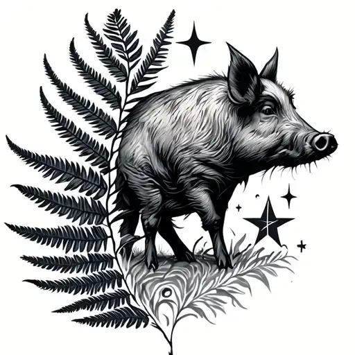 Silver Fern with wild pig and southern cross stars tattoo design idea