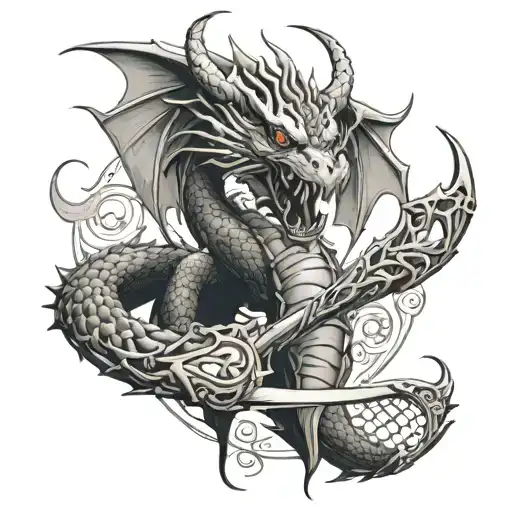 A striking design featuring a majestic dragon intertwined with a lacrosse stick, blending elements of fantasy and sports in a unique way tattoo design idea