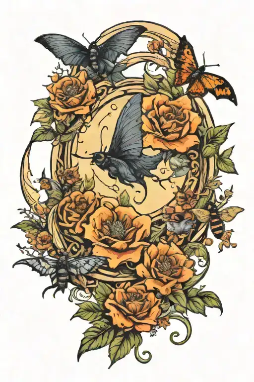 Witchy Crescent Moon with Bats, Bees, and Deathhead Moths, and flowers tattoo design idea