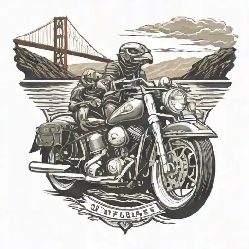 create  a logo of a group of muscular salamanders on a Harley Davidsons on a windy road with the Golden Gate bridge in t tattoo design idea