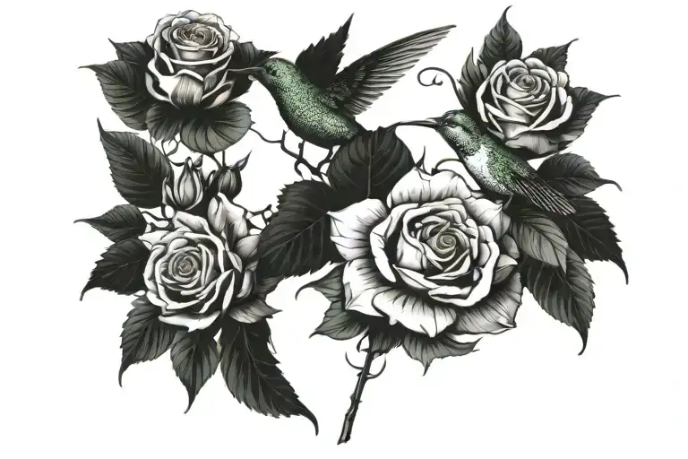 The ivy plant winds its stem around the flowers of roses and lotus, with hummingbirds flying around. Full sleeve tattoo. tattoo design idea