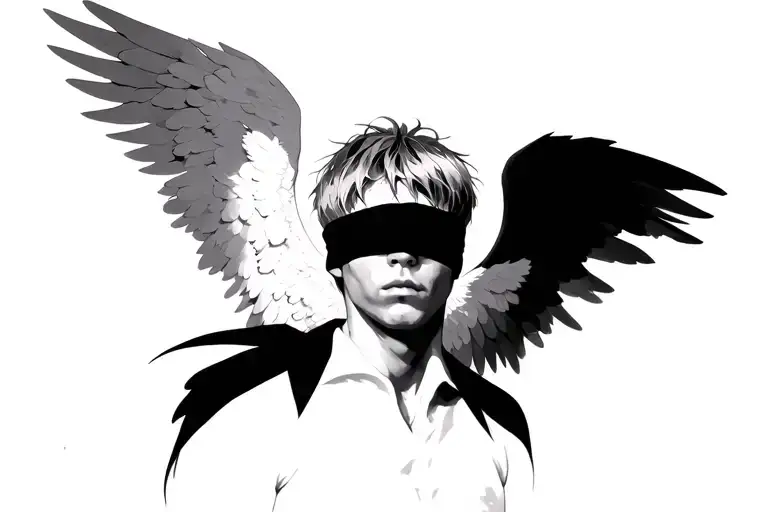 Blindfolded male angel with very short, messy hair. Fully open, asymmetrical wings. One side light, the other dark tattoo design idea