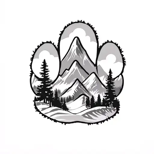 forest and mountain scene inside dog paw print tattoo design idea