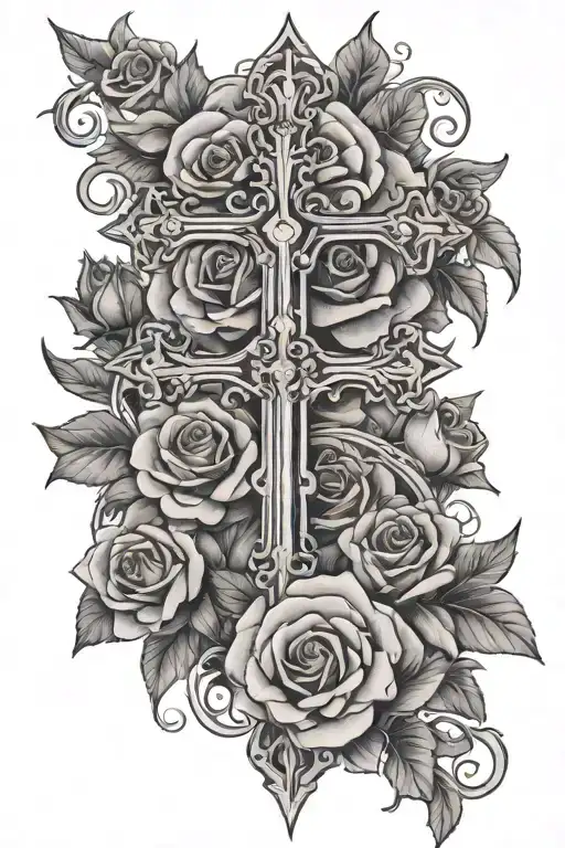 pointed cross with roses blooming at bottom half tattoo design idea