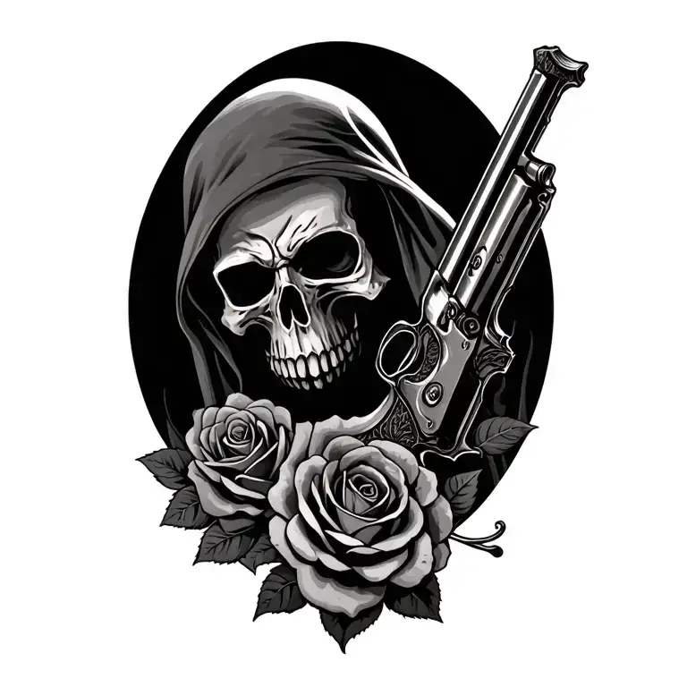 grim reaper revolver, smoked background with roses  tattoo design idea