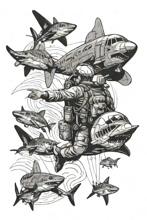 c130 paratrooper diving into the ocean with sharks   tattoo design idea