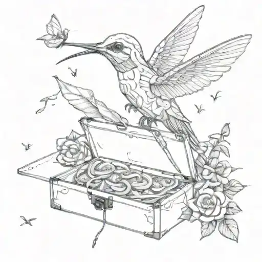 pizzabox with a skeleton arm coming out of it and a humming bird  tattoo design idea