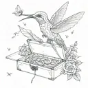 pizzabox with a skeleton arm coming out of it and a humming bird  tattoo design idea