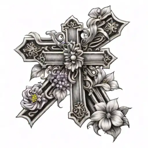 a cross with some shading with a violet, daisy, aster, larkspur flower wrapped around the cross in the side rib cage tattoo design idea