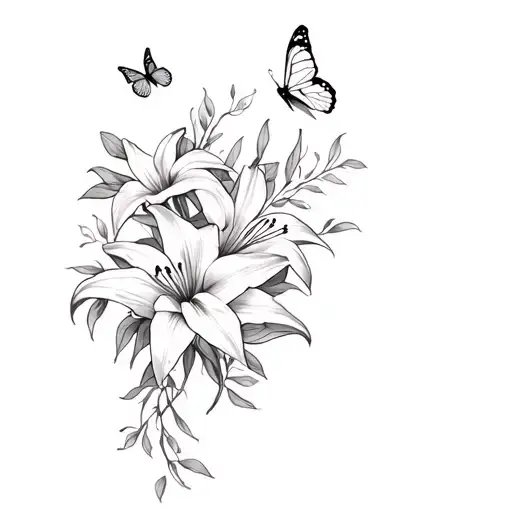 Tiger lilies on forearm with vines and possible butterflies tattoo design idea