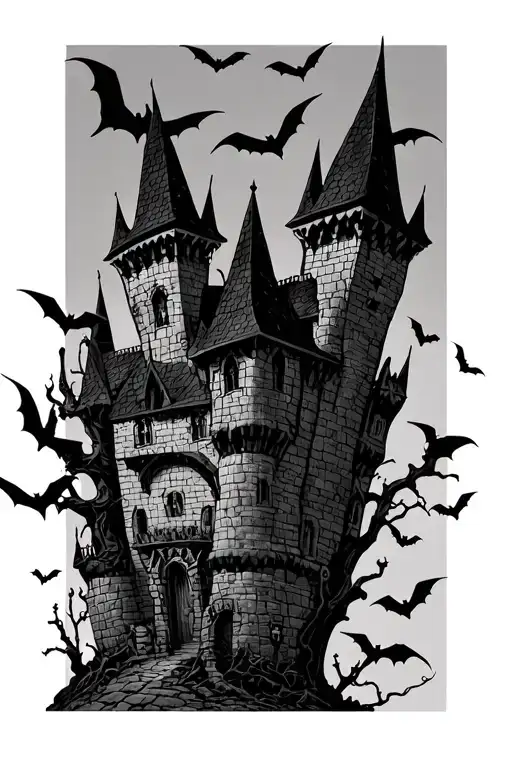 dracula castle silhouette surrounded by bats tattoo design idea