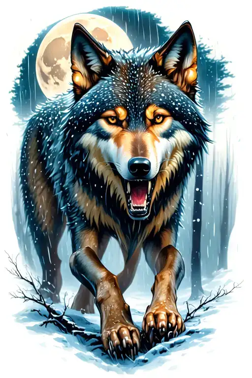 a vicious lone wolf in attack mode In a wet cold forest with a heart shaped moon in the background with ice crystals  tattoo design idea