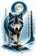 a vicious lone wolf in attack mode In a wet cold forest with a heart shaped moon in the background with ice crystals  tattoo design idea