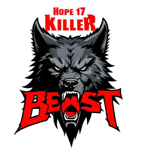 one centered black werewolf head with "Hope 17 Killer" written above in red and the word "BEAST" written below tattoo design idea