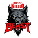 one centered black werewolf head with "Hope 17 Killer" written above in red and the word "BEAST" written below tattoo design idea