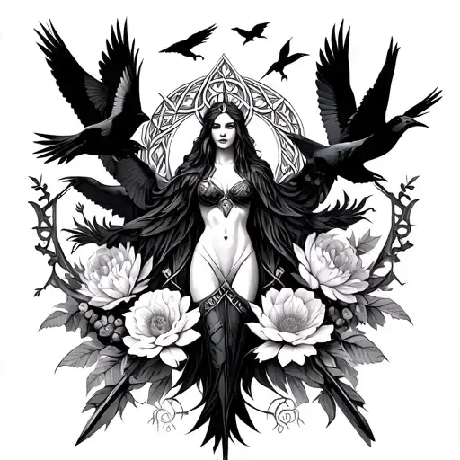 an image of the Celtic Goddess, the Morrigan. Surrounded by her associated flowers, weapons and multiple flying crows.  tattoo design idea
