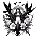 an image of the Celtic Goddess, the Morrigan. Surrounded by her associated flowers, weapons and multiple flying crows.  tattoo design idea