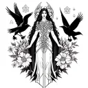 an image of the Celtic Goddess, the Morrigan. Surrounded by her associated flowers, weapons and multiple flying crows.  tattoo design idea