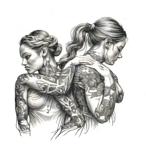 outline of 2 sisters standing side by side, each with one arm bent at the elbow. Their forearms curve toward each other tattoo design idea