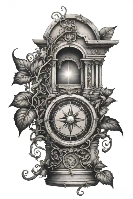 arch monument with wrapping vine and compass tattoo design idea