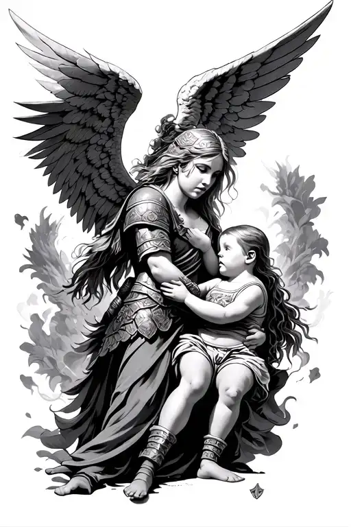 warrior angel protecting a kid tattoo design idea