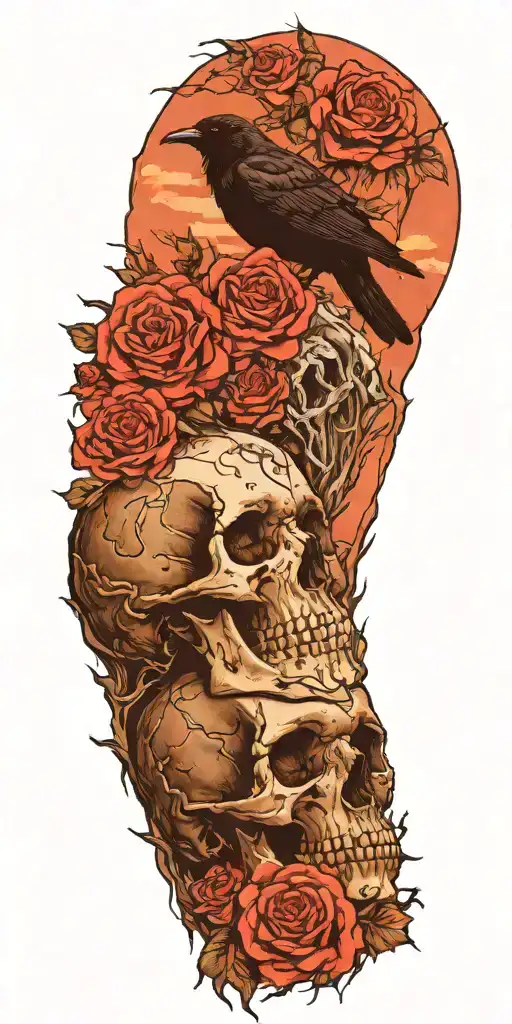 Mountain made from skulls with roses growing out of crevices and a raven perched on top tattoo design idea