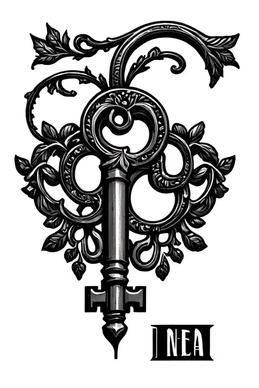 I want a vintage ornamental key. The top part should have a hidden NEDA-symbol and the bottom a semicolon. tattoo design idea