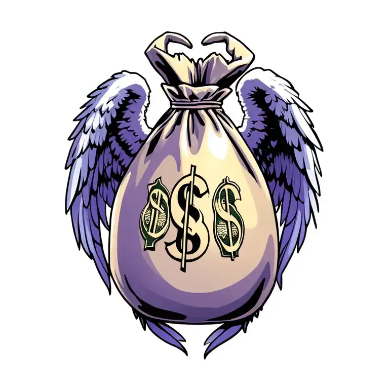 Design a tattoo about money bag, angel and devil wings tattoo design idea