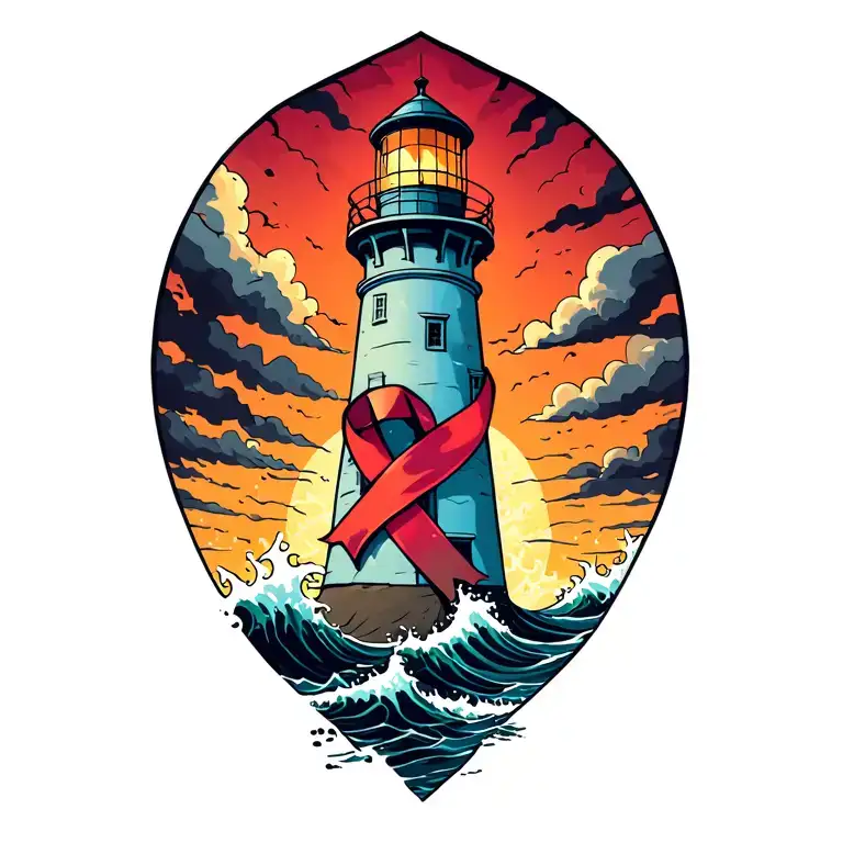 A lighthouse standing tall amidst crashing waves with a cancer ribbon around it tattoo design idea