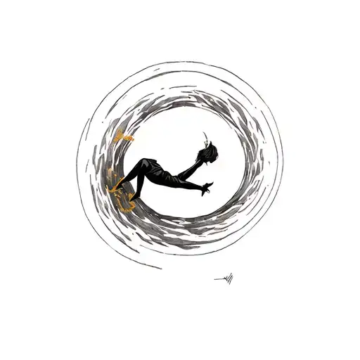 Faceless woman falling into a deep spiral pit, fine-line tattoo, black & grey, soft shadows, tiny golden glint at the bo tattoo design idea