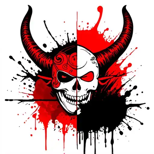 I want a tattoo of a devil-like skeleton with a Japanese mask on the devil's face, a Japanese mask on half of a Japanese tattoo design idea