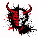 I want a tattoo of a devil-like skeleton with a Japanese mask on the devil's face, a Japanese mask on half of a Japanese tattoo design idea