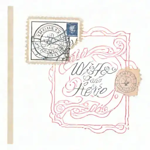 small faded back of a postcard with the words "wish you were here" on it and the postage stamp has an image of the pink  tattoo design idea
