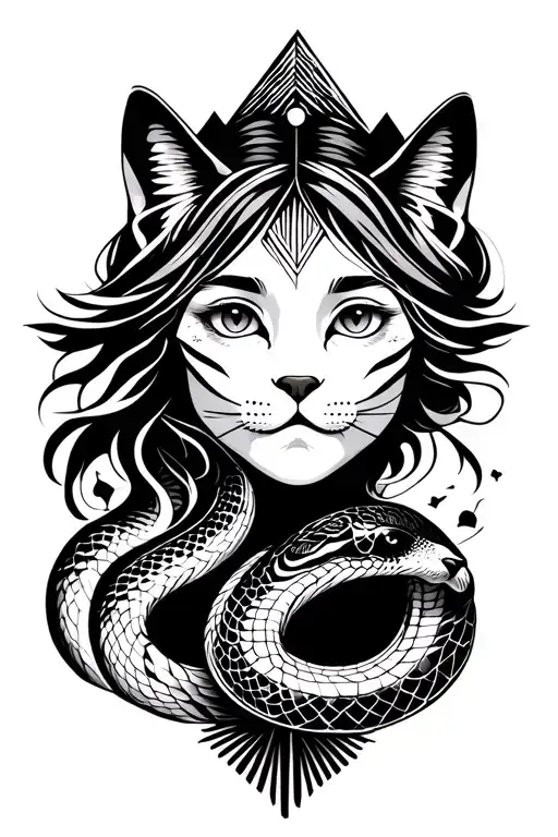 girl's face, snake, cat, mountain peaks tattoo design idea