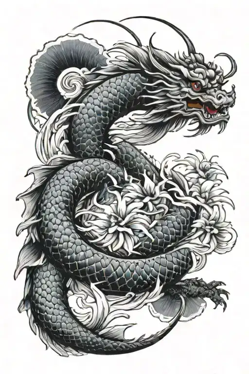 japanese dragon and koi fish swimming tattoo design idea